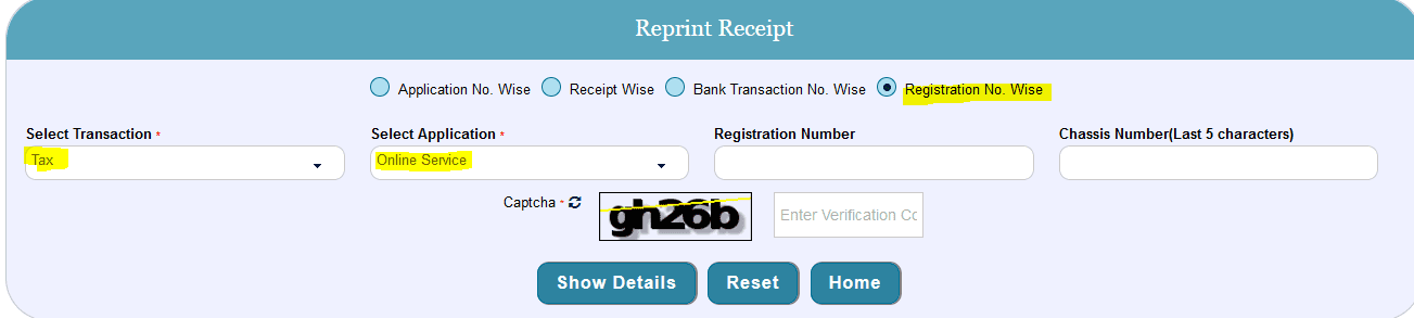Vehcile Registraton Number दर्ज करके Vehicle के लास्ट 5 Chassis Number