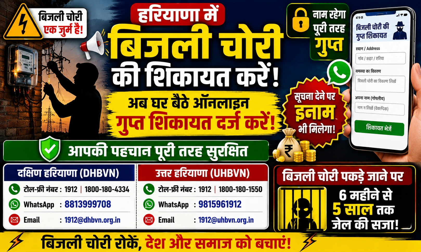 हरियाणा में बिजली चोरी की गुप्त शिकायत कैसे करें जानें ऑनलाइन फॉर्म और 5 लाख का इनाम नियम।