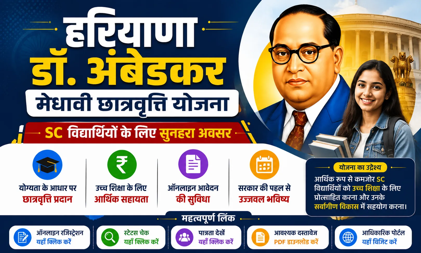 हरियाणा डॉ. अंबेडकर मेधावी छात्रवृत्ति योजना 2026: 10वीं, 12वीं पास छात्रों को ₹12,000 तक छात्रवृत्ति