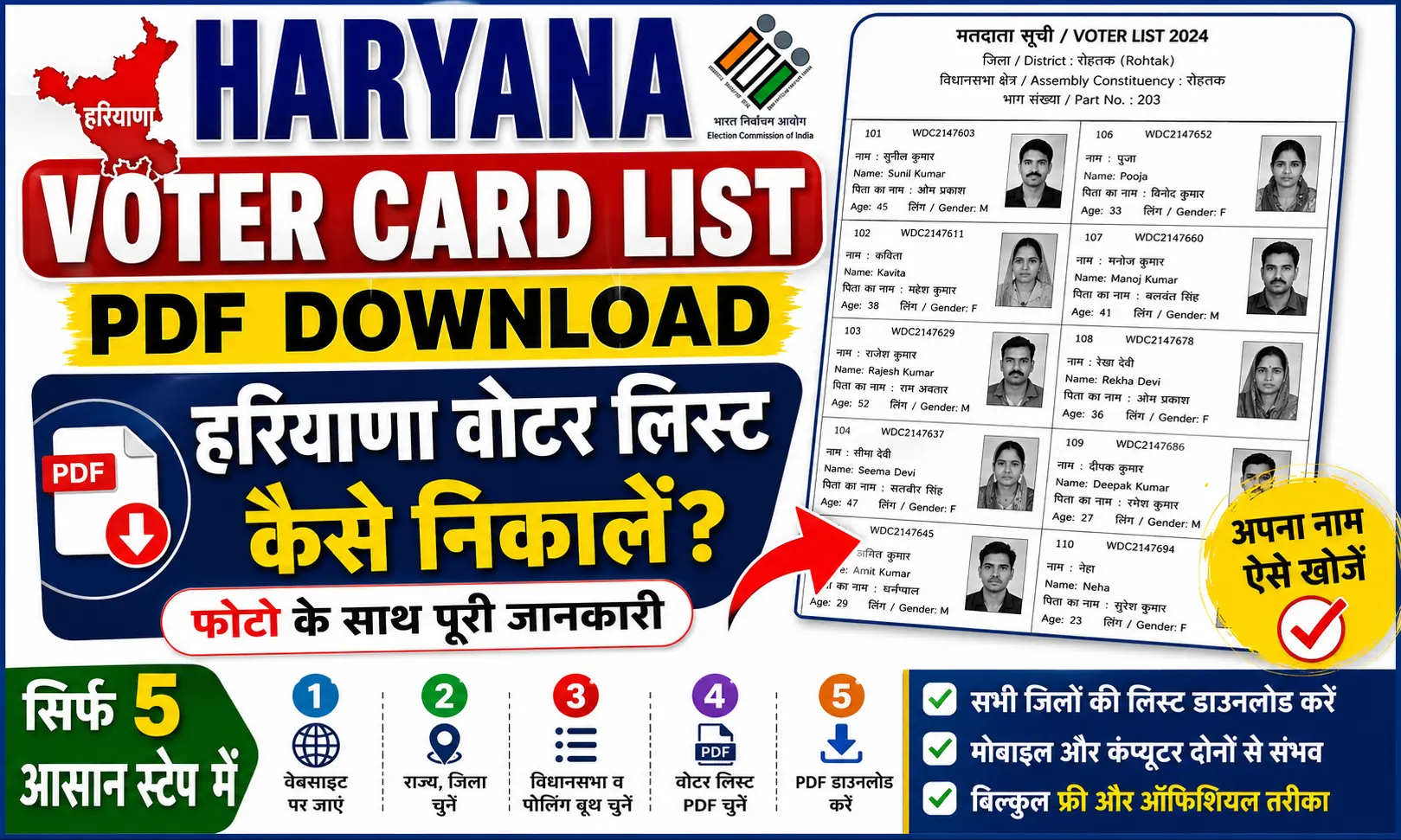 Haryana Voter Card List Pdf Download 2026. हरियाणा वोटर लिस्ट कैसे निकालें फोटो के साथ।