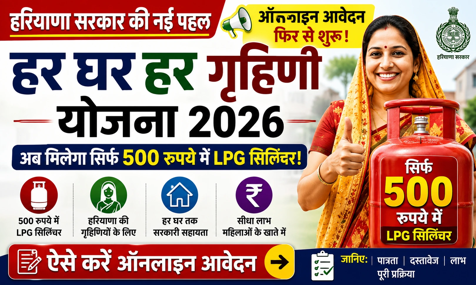 हरियाणा हर घर हर गृहिणी योजना 2026 ऑनलाइन आवेदन फिर से शुरू, अब ऐसे मिलेगा 500 रुपये में LPG सिलिंडर!