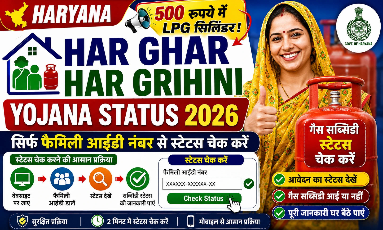 Haryana Har Ghar Har Grihini Yojana Status 2026 सिर्फ फैमिली आईडी नंबर से गैस सब्सिडी स्टेटस चेक करें.