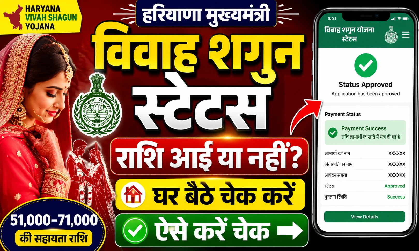 हरियाणा मुख्यमंत्री विवाह शगुन योजना स्टेटस 2026 ₹51,000 से ₹71,000 राशि आई या नहीं ऐसे करें चेक