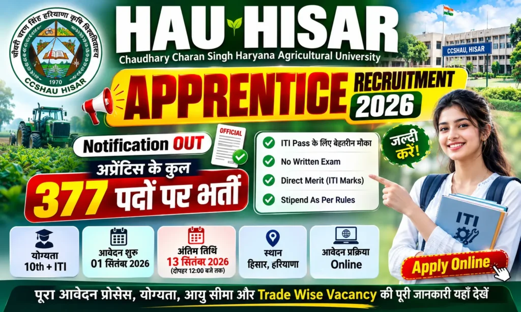 HAU Hisar Apprentice Recruitment 2026 377 पदों पर भर्ती का नोटिफिकेशन जारी, ऐसे करें ऑनलाइन आवेदन