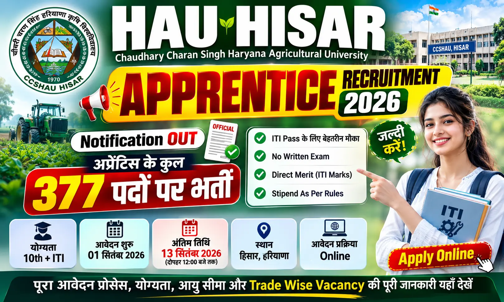 HAU Hisar Apprentice Recruitment 2026 377 पदों पर भर्ती का नोटिफिकेशन जारी, ऐसे करें ऑनलाइन आवेदन