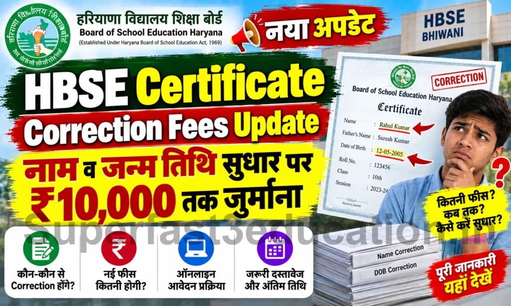 HBSE Certificate Correction Fees Update 2026 नाम व जन्म तिथि सुधार पर ₹10,000 तक जुर्माना