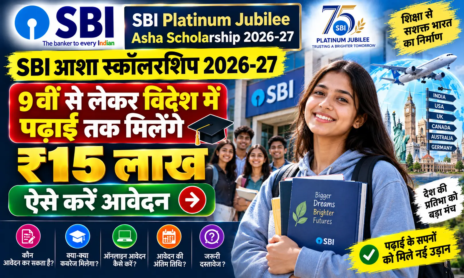 SBI Platinum Jubilee Asha Scholarship 2026-27: 9वीं से लेकर विदेश में पढ़ाई तक मिलेंगे ₹15 लाख, ऐसे करें आवेदन
